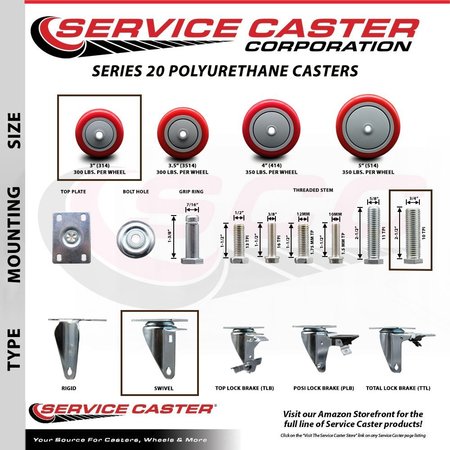 Service Caster 3 Inch Red Polyurethane Wheel Swivel 34 Inch Threaded Stem Caster Set Service Caster SCC-TS20S314-PPUB-RED-34212-4